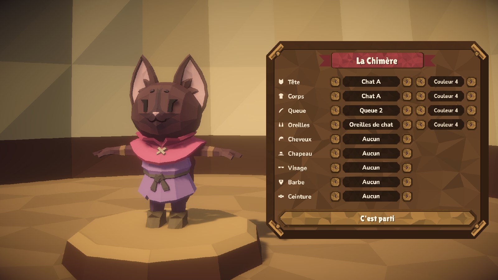 L'écran de création de la Chimère, dans l'atelier : la mascotte, et le panneau de ses choix (la tête, le corps, la queue, les oreilles…).