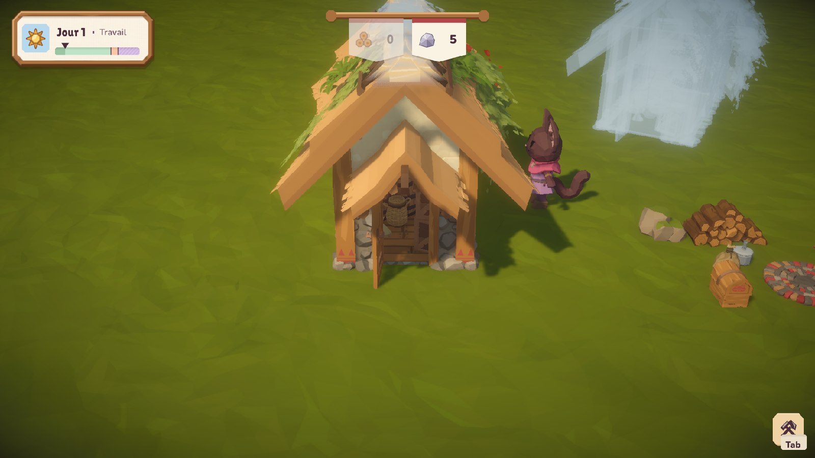 Une cabane coiffée de lierre, la Chimère qui s'affaire à côté, le bois et la pierre du campement, et la prochaine construction en fantôme.