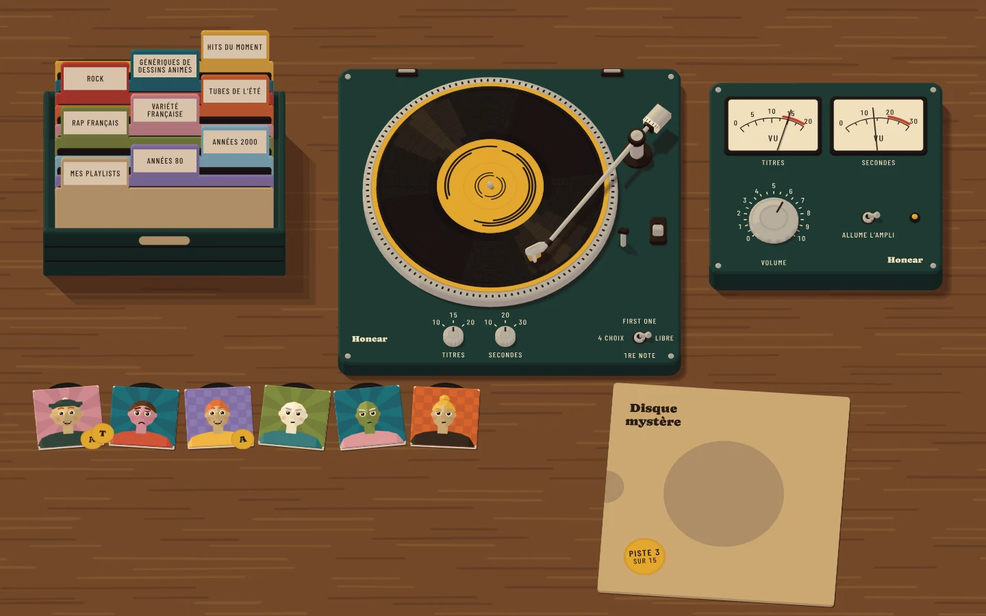 Une piste en cours : la platine tourne, les pochettes des joueurs devant, le disque mystère à droite.