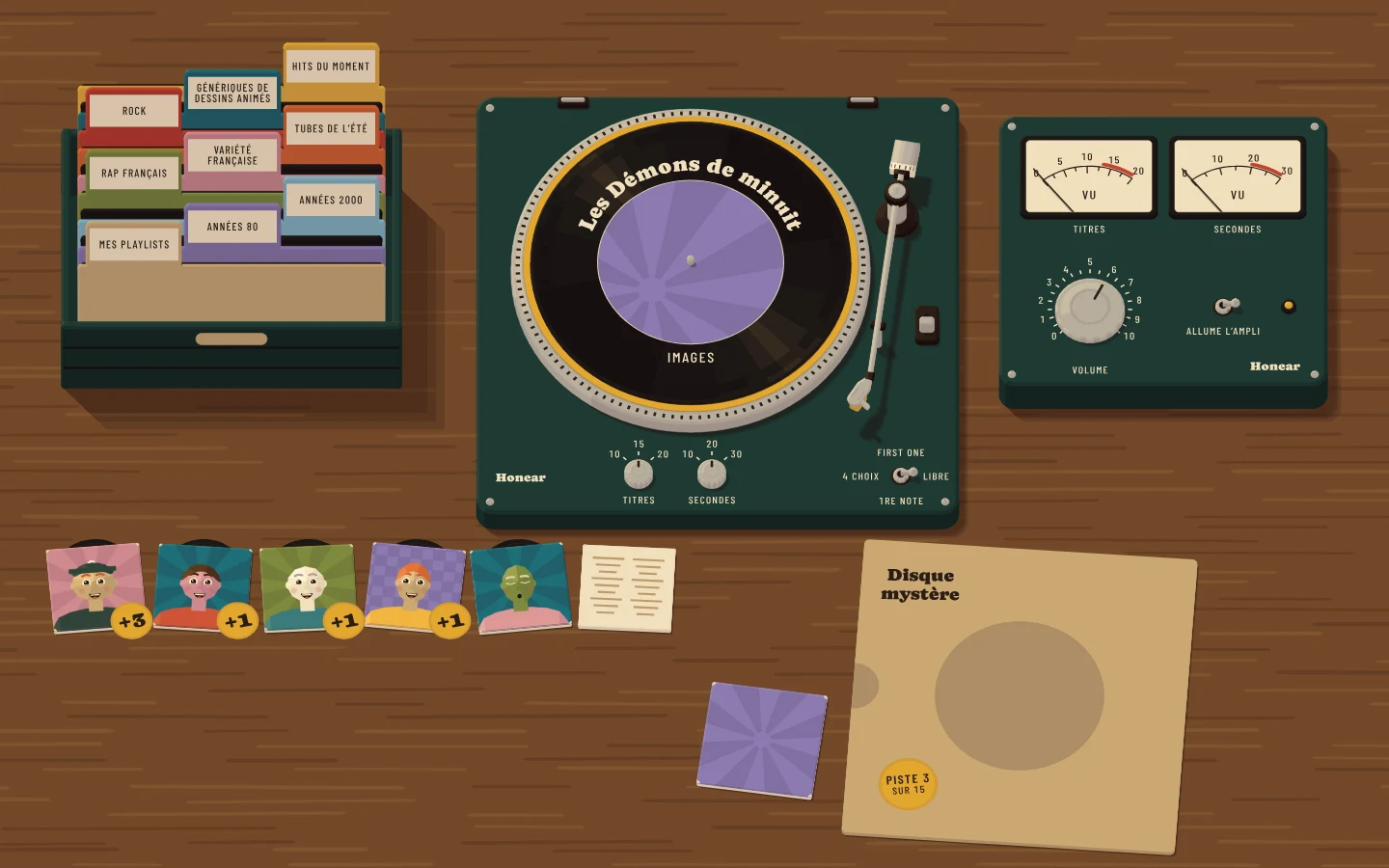 La révélation : le titre, « Les Démons de minuit », sur le disque, et les points gagnés sous la pochette de chaque joueur.